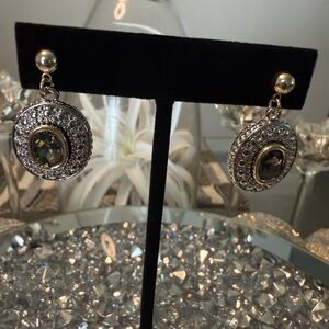 Silver Oval Drop Earrings | Smoky Crystal Halo Dangle | Elegant Vintage